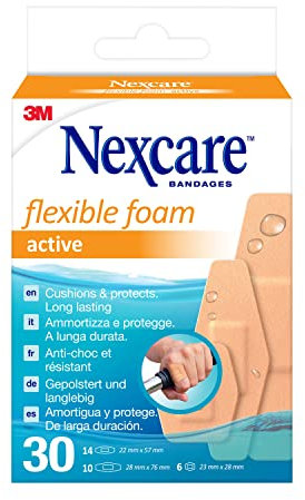 Nexcare Active Flexible Foam Plasters, Assorted Sizes, 30 Plasters per Pack, Breathable and Waterproof for Minor Wounds, Scratches, Bandages for First Aid Kits