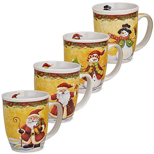Juego de 4 tazas gigantes de Navidad en amarillo y rojo – Clásicas tazas de café de cerámica como tazas de Navidad en 400 ml – Grandes tazas de café para Navidad aptas para lavavajillas y microondas