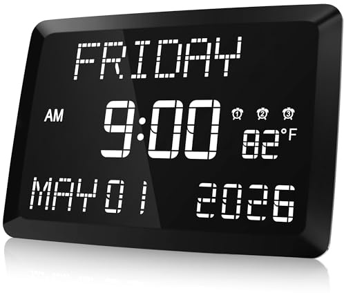 Raynic Digital Clock, 11.5 Large Display Calendar Clock with Day and Date, Indoor Temperature, Adjustable Brightness, Snooze,12/24H, DST for Home, Office, Elderly