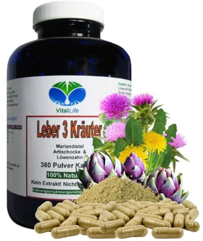 LEBER 3 KRÄUTER Leber, Galle & Stoffwechsel 360 Kapseln + Mariendistel + Artischocke + Löwenzahn traditionell nach Hildegard von Bingen. 100% NATUR pur. OHNE Zusatzstoffe 26384-360