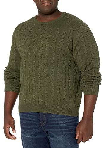Amazon Essentials Jersey de Algodón Trenzado con Cuello Redondo Hombre, Verde Oliva Mezcla, M