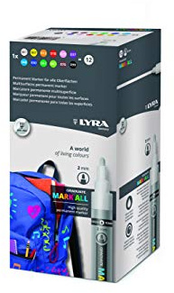 LYRA Graduate Mark All Permanent Marker 2mm Kartonetui 12 Stk. | Multi Surface Marker, wasserbasiert, Rundspitze, schnell trocknend, sortierte Farben