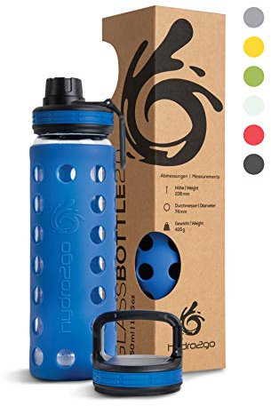 hydro2go Glasflasche – BPA-frei, auslaufsicher & spülmaschinenfest – mit 2 Deckeln – ideal für Kinder & Sport – 550ml (Navy Blue 2.0)