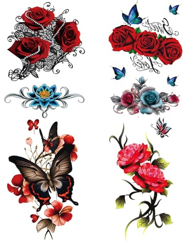 Yesallwas 4 Sheets Rose Temporary Tattoo Sticker red Fake Tattoos for Women Girls Models,Waterproof Long Lasting Body Art Makeup Sexy Realistic Arm Tattoos -Rose, Flowers 4.72 x 7.48 inches (LXW)