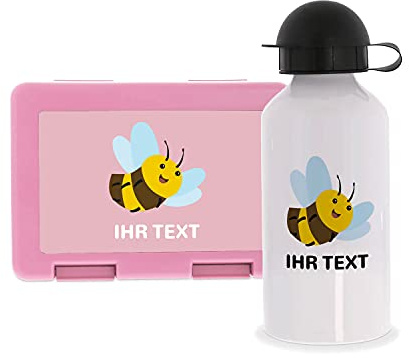 STEMPEL-FABRIK Lunchbox Pink und Trinkflasche mit Design - Biene - Personalisiertes Geschenk - Set - Brotzeitbox - Brotbox und Wasserflasche für Kinder - Einschulungsgeschenke - Kindergarten