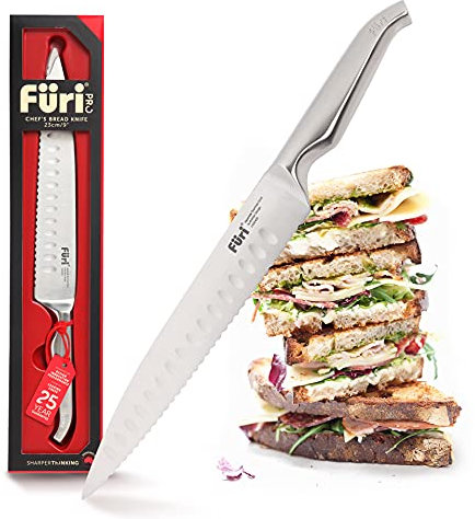 FURI Pro Brotmesser, aus rostfreiem japanischem Edelstahl, langes Sägemesser mit Wellenschliff zum leichten Schneiden von Brot, Brötchen und Co., Klingenlänge: 23 cm