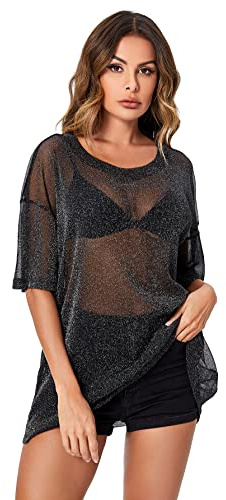 WDIRARA Women's Glitter Sheer See Through Short Sleeve Mesh Top Tee Blouse Black Shiny M
