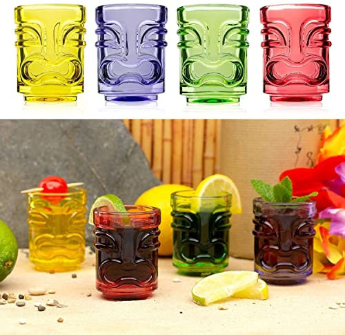 CKB LTD Coloured Tiki Bar Shot Glasses 45ml Pack of 4 Drinking Shooters Novelty Small Spirit Drinking Tumblers – Ideal for Hawaiian Party Coloured Glass 45ml