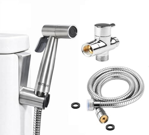 BbfStyle - Marque Française - SUS 304 - Kit douchette WC pour l'hygiène intime - Avec Vanne 3 voies aux Standard Français (3/8-12x17mm) - Métallique - Finition Nickel Brossé - Taharat