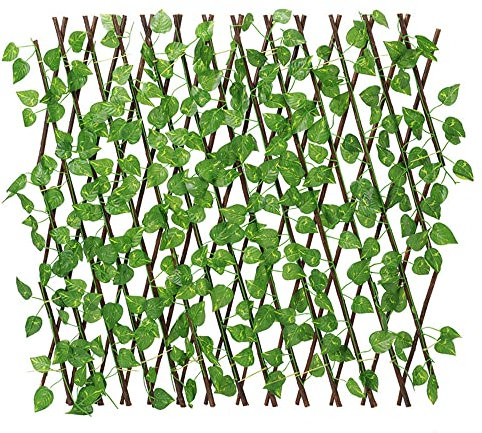 REOVE Artificial Leaf Screening, Adjustable Retractable Fence, Garden Trellis Decoration, Privacy Expanding Wooden Landscaping Fence, Green Small Leaf