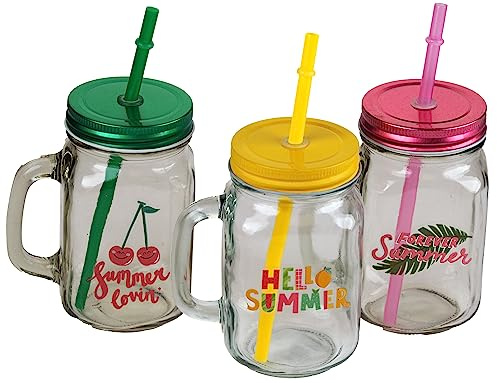 BWG Summer Design Drinking Mason Jars with Handle Lid Reusable Straw - Set of 3