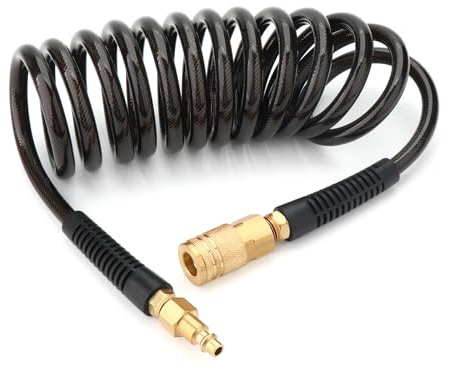 GASHER 1/4 x 10FT Black Reinforced Polyurethane Recoil Air Hose with Bend Restrictor, 1/4 Industrial Quick Coupler and Plug