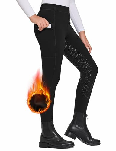 FitsT4 Sports Girls Winter Riding Pants Fleece Lined Riding Breeches Kids Full Seat Equestrian Pants Tights with Pockets Black,L