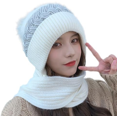 Kashyke Kapuzenschal Damen Winter Schal mit Kapuze Schalmütze Mützenschal Kaputzenschal Frauen Winddichte Pullovermütze Winter Warm Strick Mütze mit Schal Mütze Wintermütze 2 In 1 (Weiß)