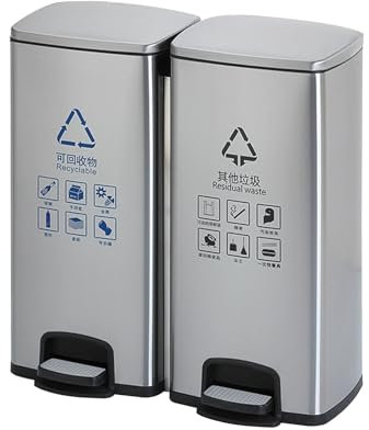 Extérieur Grande Poubelle,poubelle à pédale avec 3 compartiments, seau intérieur et 6 autocollants pour tri des déchetls,Poubelle de collecte différenciée(60L)