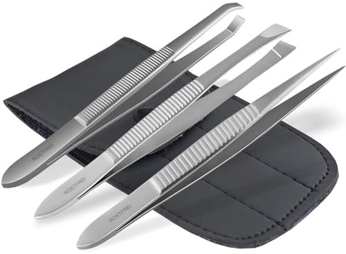 Zupfpinzetten Pinzetten 4-Teiliges Set - Gerade Gekröpft Schräg Flach Spitz - Präzise Augenbrauenpinzetten - Gesichtshaarpinzette aus rostfreiem Edelstahl mit Geriffelten Griff inkl. Etui