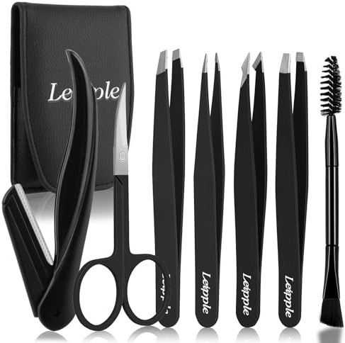 Pinzette Set 7Pcs für Gesichtsbehaarung Frauen & Männer - Präzisions Pinzetten mit Reiseetui - Edelstahlpinzette für Augenbrauen mit Schere, Rasiermesser, Spiegel für Eingewachsene Haare (Schwarz)