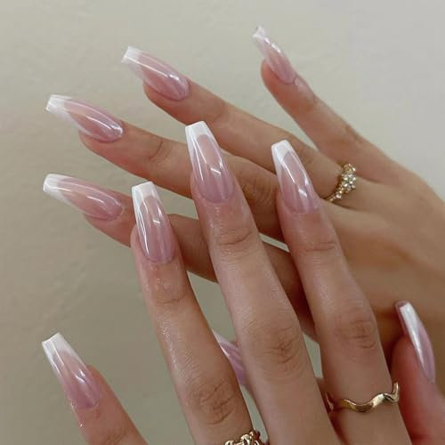 Irikdescia 24 Stück Glänzende Mandel Press On Nails, Mittellange Coffin Fake Nägel, Perlmutt Rosa Mit Weißem French Tip, Nägel Zum Aufkleben Für Damen Und Mädchen
