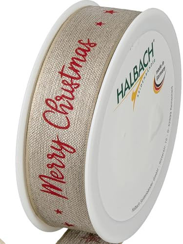 Halbach Seidenbänder Premium Geschenkband Weihnachten aus Leinen | Breite 25mm Länge 15m | Weihnachtsbänder mit Draht für Geschenke & Christbaum | Made in Germany, Farbe: natur/rot