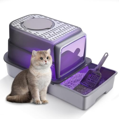 Large Cat Litter Box with UV Sterilization, Easy Clean Cat Litter Tray with Drawer Pan, Scoop & Grooming Ring, Anti-Leaking, Odor Control - 50x35x35cm, Grey