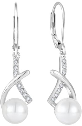 FJ Perlen Ohrringe Damen 925 Sterling Silber Hängend Ohrringe Perle Schmuck Geschenke für Frauen Bräute Brautjungfern