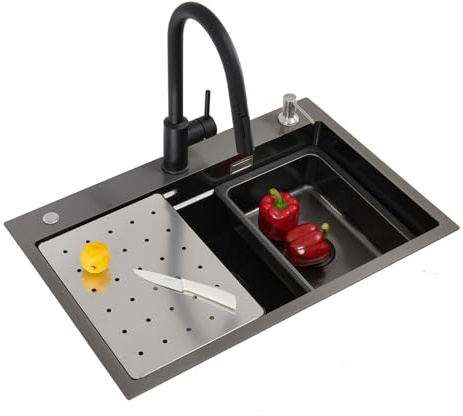 CECIPA Spülbecken Schwarz(Anthrazit) mit Wasserhahn Ausziehbar, 70 x 45 CM Küchenspüle inkl. Seifenspender und Siphon, Spüle inkl. Ersatz-Innenspüle und Schneidebrett, Spüle Küche mit Armatur