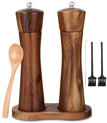 Juego de 2 molinillos de sal y pimienta de madera, molinillo de especias con mecanismo de cerámica, salero y pimentero con plato, molinillo de pimienta, ajustable para especias, pimienta, sal, 2