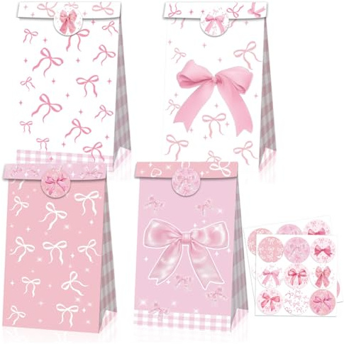 SUNSK rosett presentpåsar rosa papper partypåsar godispåsar sötsaker påsar barnfödelsedag presentpåsar med klistermärken för flickor födelsedag jul fest dekoration 12 st