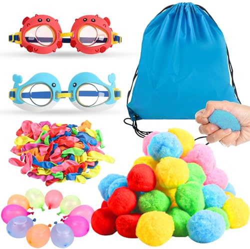 Jouets Plongée Enfants, Set Jouets Plongée Piscine, 50 Bombes à Eau En Coton, 50 Ballons Eau, 2 Lunettes Natation, 1 Sac à Cordon, Jouets Eau Pour Enfants Plages En Extérieur Cadeau FêTe Piscine