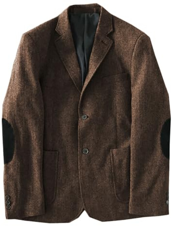 Stillluxury Blazer da Uomo Marrone con Toppe sui Gomiti in Tweed Giacca Sportiva Monopetto con Risvolto a Tacca Giacca Vintage per Uomo, XL
