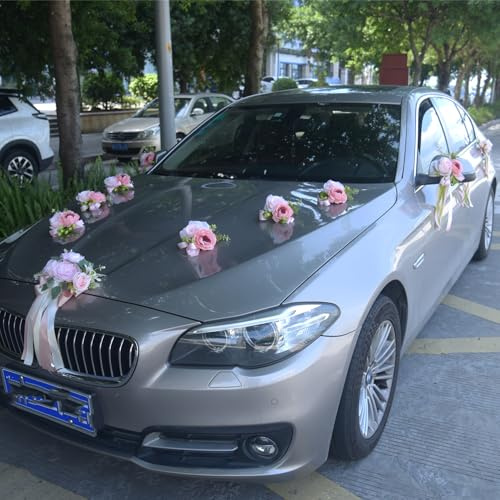 AQCQDQ 13 Stück Autoschmuck Hochzeit, Auto Hochzeitsschmuck mit Saugnapf, Auto Verschönert Rückspiegel Türgriff Motorhaube Hochzeitsdeko für Brautauto (Rosa)