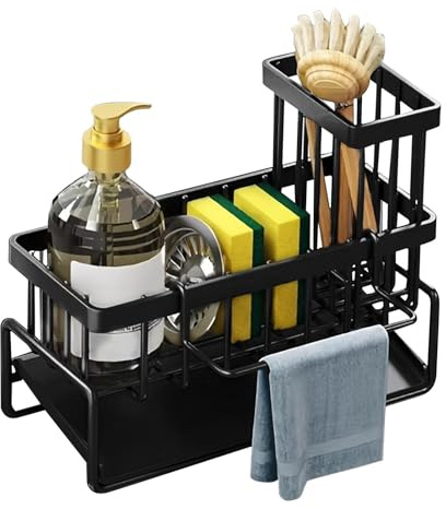 Kitchen Sink Caddy Organiser - Sink Tidy Kitchen S ink Organiser with Auto Draining Tray, Brush Holder, Stainless Steel Sponge Holder Towel Hanger with Divider for Countertop(COLOR:Black)