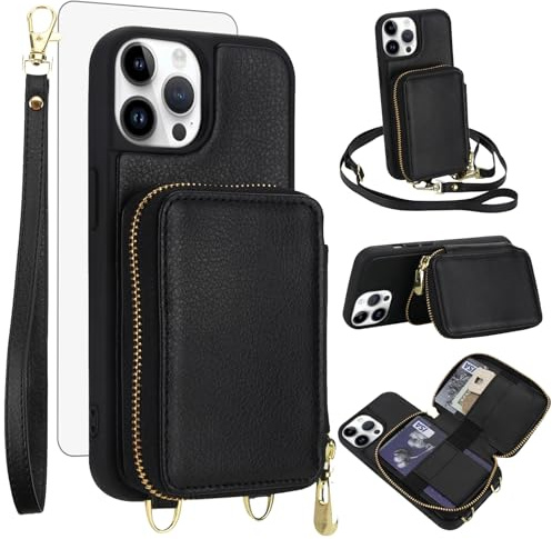 Phone Case for iPhone 15 Pro 6.1 inch Wallet Cell Cover with Tempered Glass Screen Protector Wrist Crossbody Strap Lanyard Stand RFID Blocking Credit Card Holder i Phone15 i15 15Pro Women Girls Black