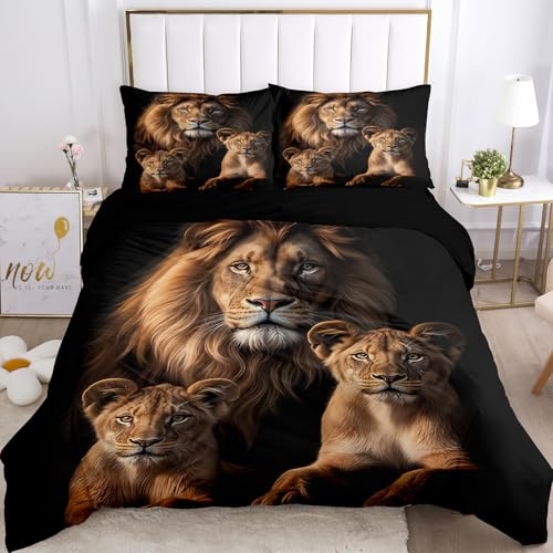 KXHHYB Set di biancheria da letto Löwe 135x200 Nero motivo animale, biancheria da letto reversibile in microfibra con cerniera nascosta, copripiumino e federa per cuscino marrone moderno (Style-4