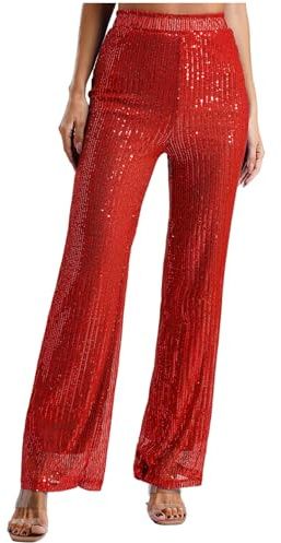 Sinleey Frau Hose Glitzer Glänzend Hoch Tailliert Hose Weite Beine 70er Jahre Vintage Hose Disco Kostüm Party Club Abend