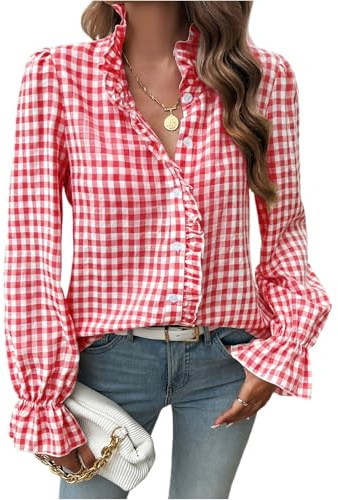 Longbluse Damen Bluse Damen Langarm Gestreifte Button Down Hemd Oberteile Tops Baumwolle Karobluse Elegante Hemdbluse Blusenshirt Casual Büro Basic Shirt M Red