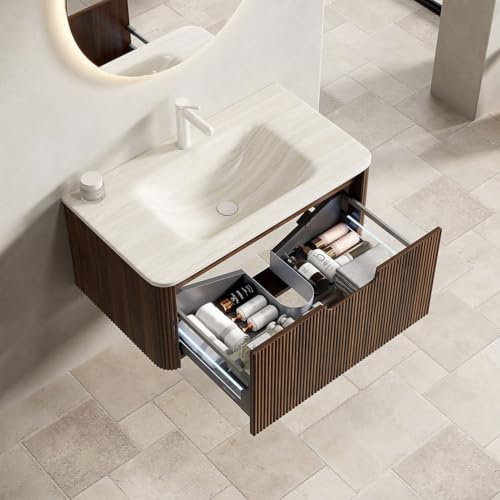 Mixtric Mobile Bagno Sospeso con Lavabo Sottopiano in Pietra Sinterizzata Travertino Roma Curvato A Caldo, Mobile in Compensato Rigato con Cassetto,A,80CM