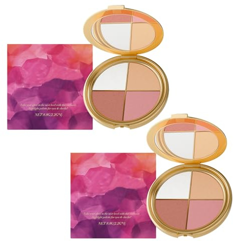 Palette Illuminatrice Yeux Et Joues - Fards À Paupières Et Enlumineurs, 4-en-1, Blush, Soyeux Et Facile À Estomper, Poudre Contour Éclat Naturel, Pour Joues Et Yeux (2pcs)