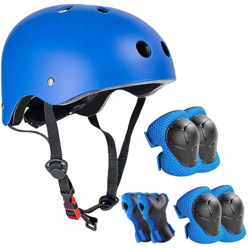 NICEWAT Knäskydd, barn med hjälm, skyddsset barnhjälm 3–9 år, knäskydd, inlines, barnskyddsutrustning, set med skyddsutrustning, knän, armbågar, för skoter, skridskoåkning, cykel, skateboard