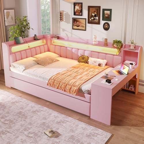 Merax Kinderbett 140x200 cm Tagesbett mit gepolstertem Kopfteil, LED-Ablagefach, Multifunktionsbett mit Schreibtisch, USB-Steckdose und Ausziehbett, Holzbett mit Lattenrost (Ohne Matratze), Rosa