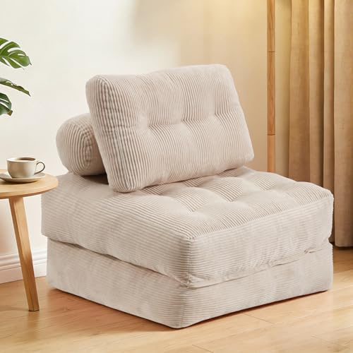 AVAWING Foldable Sofa Bed - Adjustable Convertible Chair, Portable Folding Lounge Sofa,Tufted Sleeper Couch, Foam-Filled Pull-Out SofaBed for Living Room, Bedroom(Beige)
