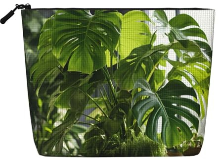 DRTGEDS Monstera Deliciosa Banana Palm Daily Pouch Cosmetic Bag Fake Hemp Large Organizer For Travel Toiletry Water Resistant