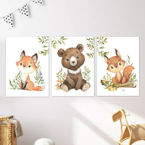 Zamety 3er Bilder Kinderzimmer, Waldtiere Babyzimmer Poster A4 Ohne Rahmen | Wandbilder für Junge Mädchen, Aquarell-Optik Eichhörnchen Bären Füchse Wasserfest Wandposter, Geschenk für Kinder