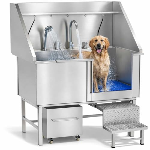 SRECELL 50 Stainless Steel Dog Washing Station with Ramp & Sliding Door, Heavy Duty 304 Pet Grooming Tub with Shower, Floor Grate & Storage Drawer for Large and Medium Dogs