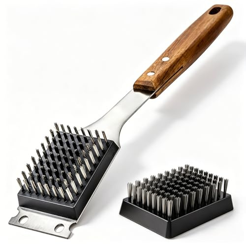 Hochwertige Grillbürste mit Holzgriff | Einer Extra Reinigungsbürste-Kopf | Edelstahl integrierten Schaber und strapazierfähigen Borsten für Gasgrill, Holzkohlegrill, Kugelgrill und Grillrost, 38cm