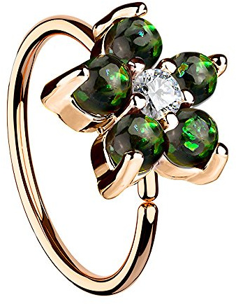 Piersando Universal Piercing Ring für Septum Tragus Helix Ohr Nase Lippe Brust Intim Horseshoe Hufeisen mit Opal Blumen Blüte Rosegold IP Dunkelgrün