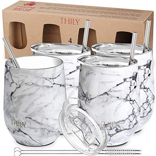 THILY Weingläser aus Edelstahl, vakuumisoliert, Reiseweingläser-Set mit verschiebbaren Deckeln und Strohhalmen, hält kalt für Saft, Cocktails, Bier, weißer Marmor