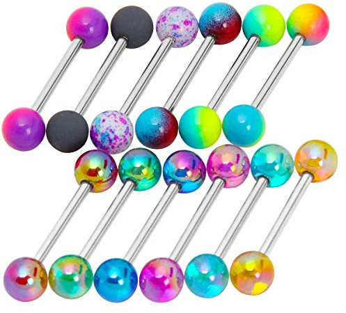 CrazyPiercing 12pcs Colorful Ball Tongue Rings, Stainless Steel Barbell Tongue Ring Retainer or Nipple Ring 14G Bar Length 16mm