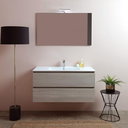 KIAMAMI VALENTINA Hängendes Badmöbel 100 cm Eicheffekt Olmo Berlin | Zwei Soft-Close-Schubladen, Keramikwaschbecken, 100x60 cm LED-Spiegel, Olmo Leone Finish, modernes Design