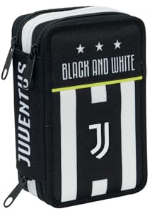 Seven Astuccio Scuola Juventus 3 Zip, Bianco Nero, Triplo Scomparto Completo di Matite, Penne e Pennarelli, Accessori Juventus Scuola, Accessori per Zaino Bambini e ragazzi